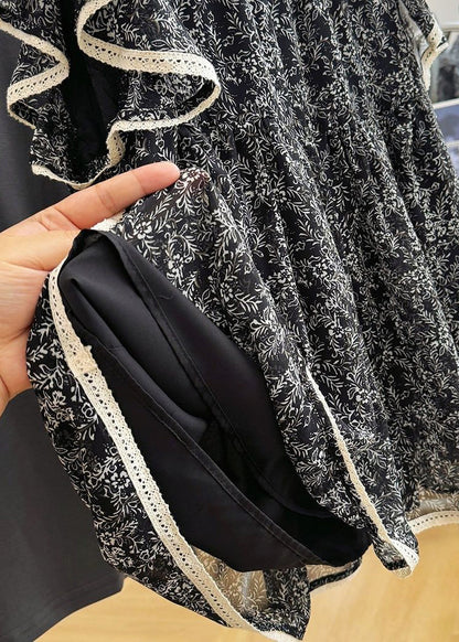 Stylish Black Print Chiffon Tanks Butterfly Sleeve