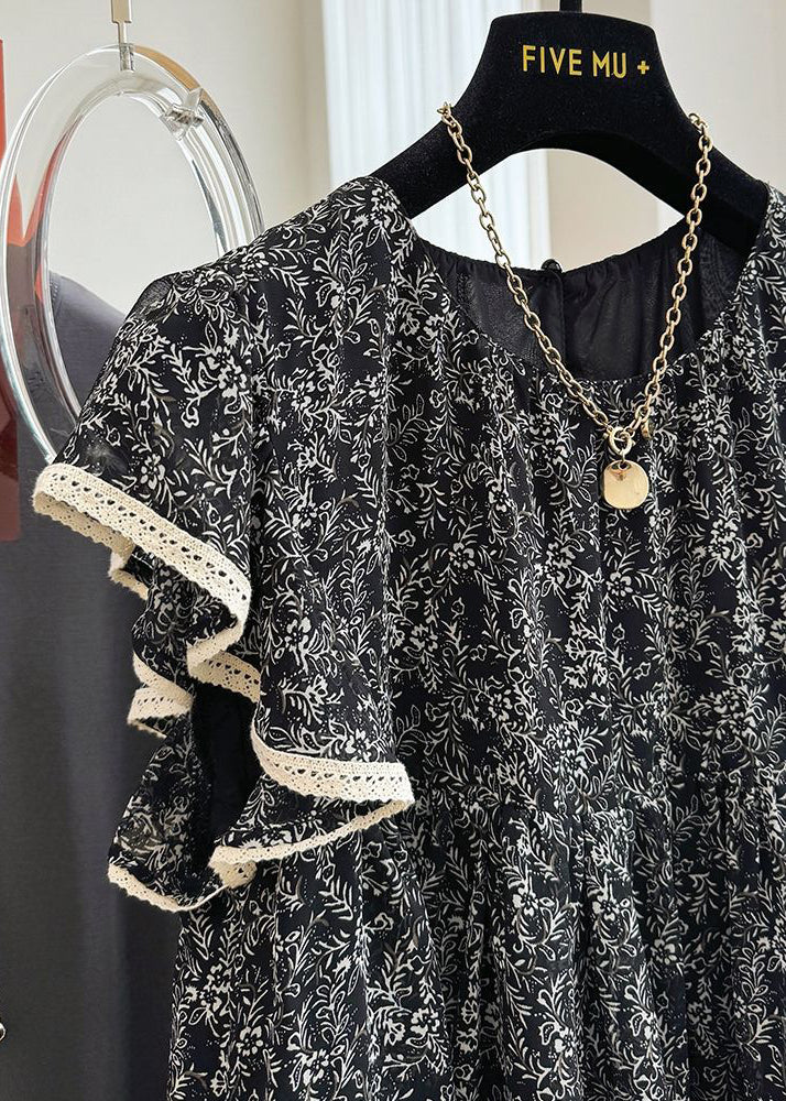 Stylish Black Print Chiffon Tanks Butterfly Sleeve