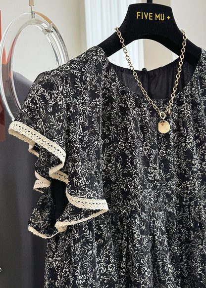 Stylish Black Print Chiffon Tanks Butterfly Sleeve