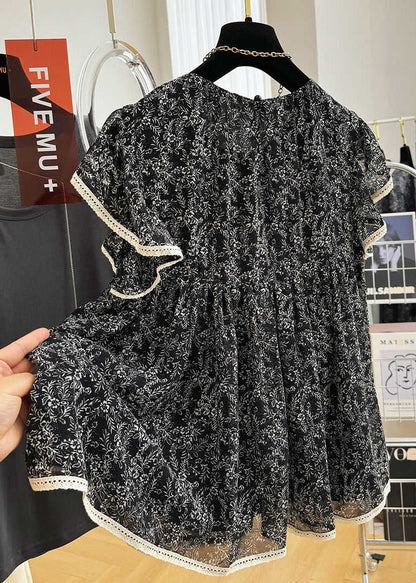 Stylish Black Print Chiffon Tanks Butterfly Sleeve