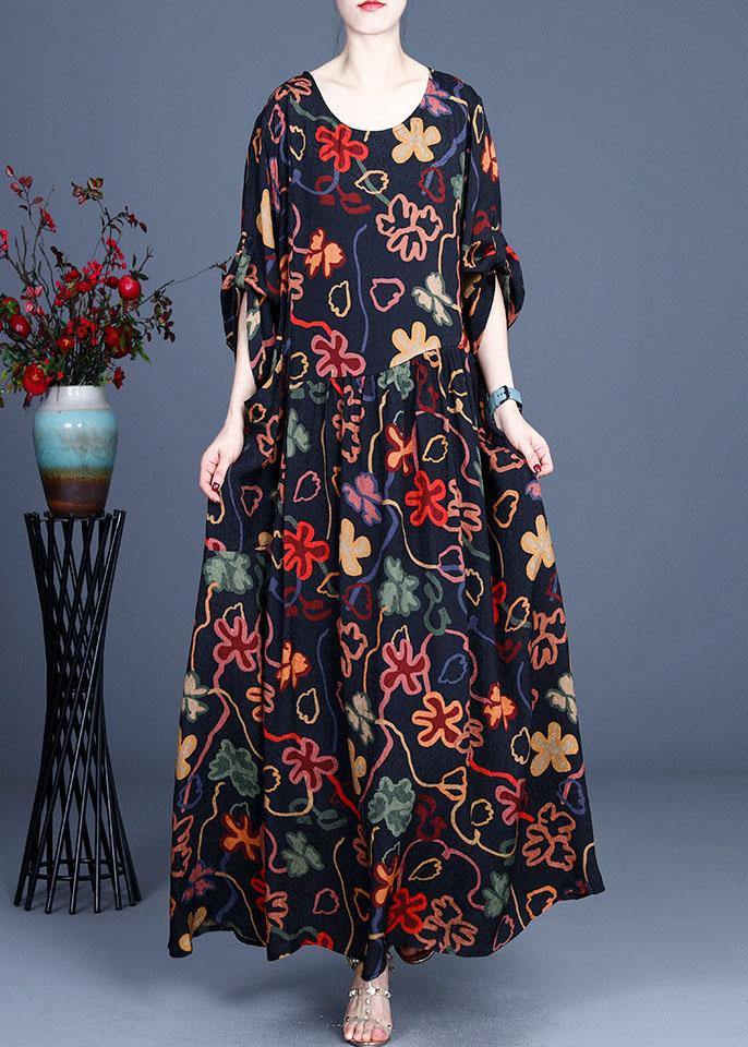 Stylish Black Print O-Neck Asymmetrical Design Summer Chiffon Cute Ankle Dress - SooLinen