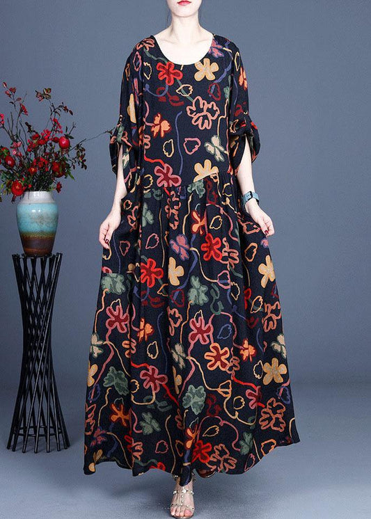 Stylish Black Print O-Neck Asymmetrical Design Summer Chiffon Cute Ankle Dress - SooLinen