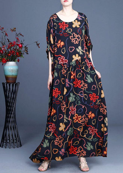 Stylish Black Print O-Neck Asymmetrical Design Summer Chiffon Cute Ankle Dress - SooLinen