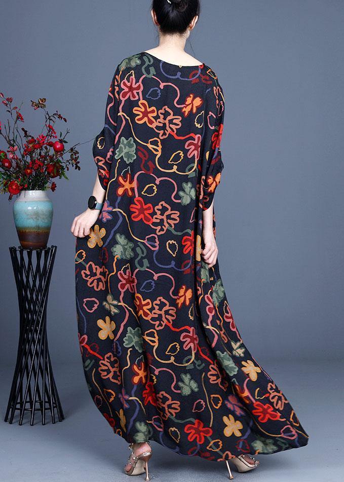 Stylish Black Print O-Neck Asymmetrical Design Summer Chiffon Cute Ankle Dress - SooLinen