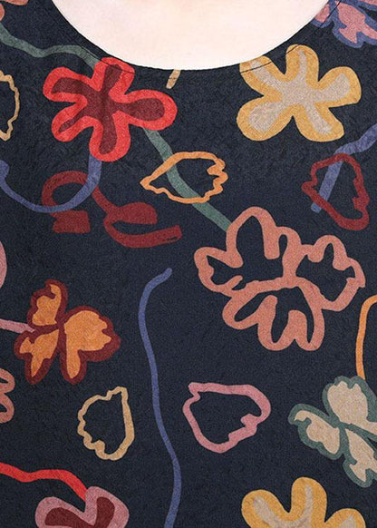 Stylish Black Print O-Neck Asymmetrical Design Summer Chiffon Cute Ankle Dress - SooLinen