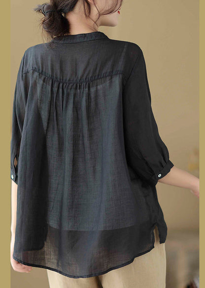 Camisa elegante de ramio con botones de patchwork y estampado negro de media manga