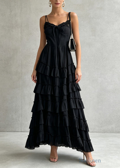 Stylish Black Ruffled Patchwork Cotton Spaghetti Strap Dress Summer