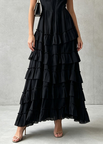 Stylish Black Ruffled Patchwork Cotton Spaghetti Strap Dress Summer