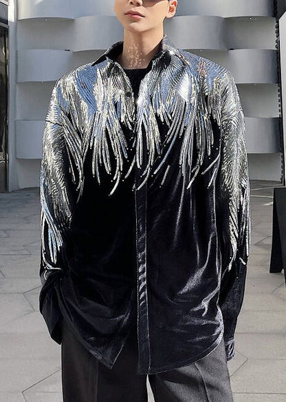 Stylish Black Sequins Oversized Silk Velour Men Coat Fall