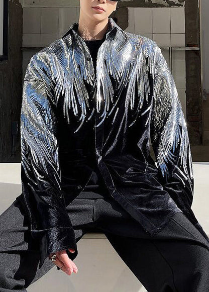 Stylish Black Sequins Oversized Silk Velour Men Coat Fall