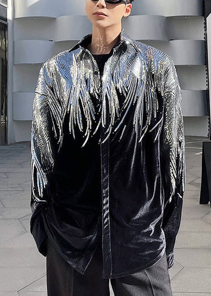 Stylish Black Sequins Oversized Silk Velour Men Coat Fall