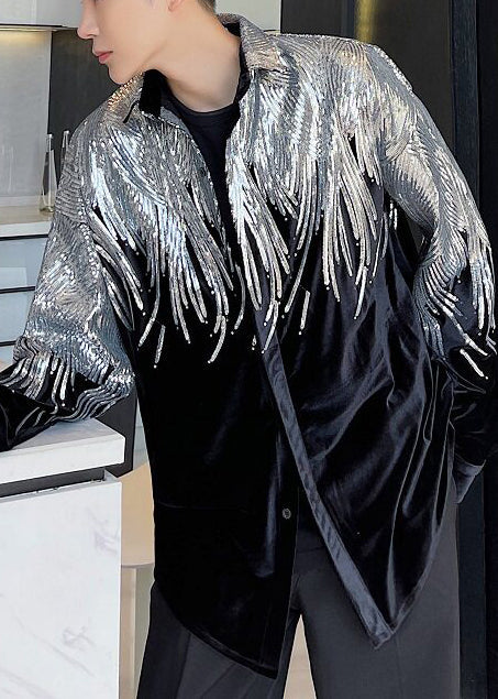Stylish Black Sequins Oversized Silk Velour Men Coat Fall