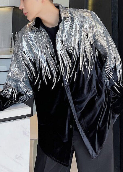 Stylish Black Sequins Oversized Silk Velour Men Coat Fall