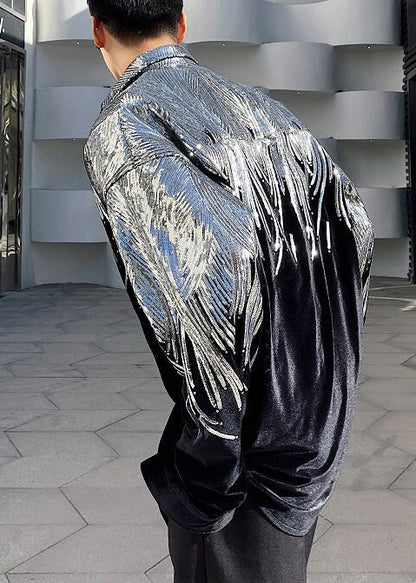 Stylish Black Sequins Oversized Silk Velour Men Coat Fall
