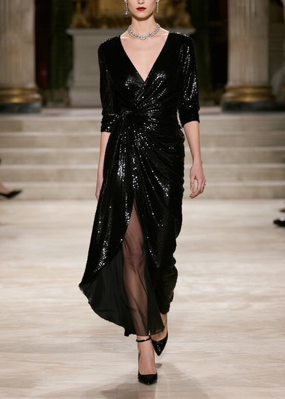 Stylish Black Sequins Patchwork Tulle Wraped Dresses Spring