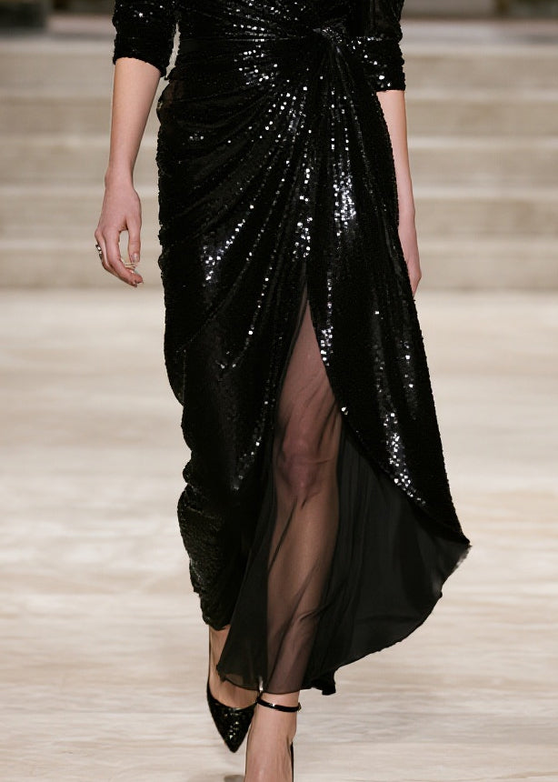 Stylish Black Sequins Patchwork Tulle Wraped Dresses Spring