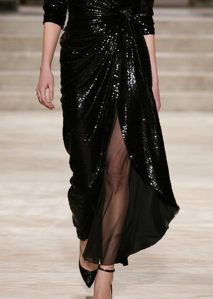 Stylish Black Sequins Patchwork Tulle Wraped Dresses Spring