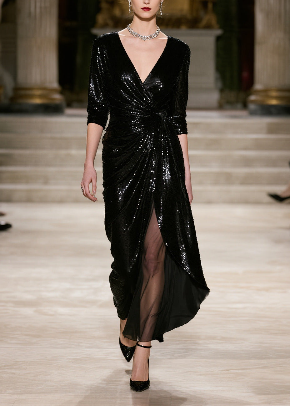 Stylish Black Sequins Patchwork Tulle Wraped Dresses Spring