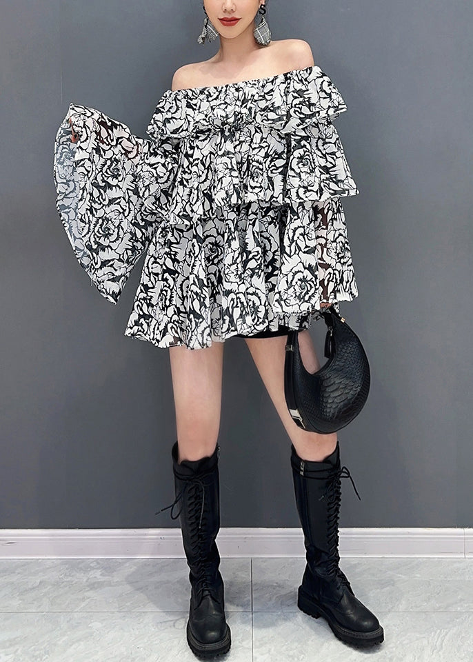 Stylish Black Slash Neck Print Chiffon Blouses Flare Sleeve