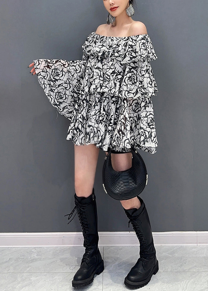 Stylish Black Slash Neck Print Chiffon Blouses Flare Sleeve