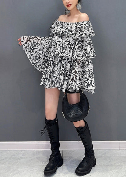 Stylish Black Slash Neck Print Chiffon Blouses Flare Sleeve