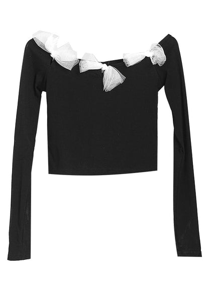 Stylish Black Slash neck Bow Cotton Top Long Sleeve