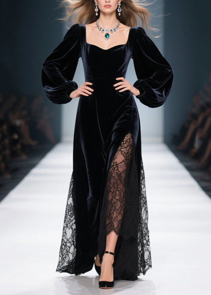 Elegante vestido de primavera de terciopelo de seda con patchwork de encaje y cuello cuadrado negro