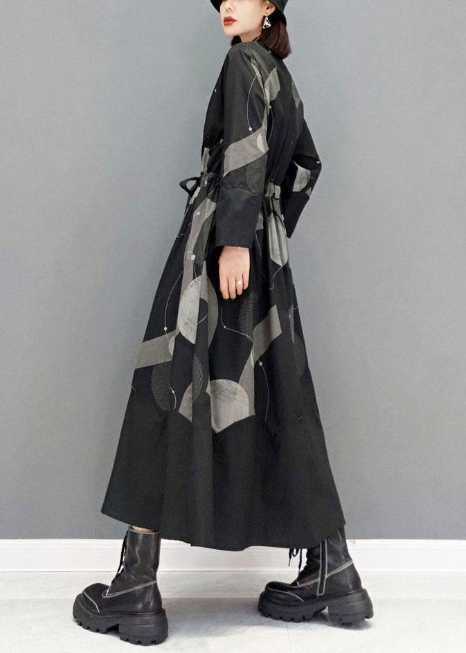 Stylish Black Stand Button Dresses Fall Long Sleeve - SooLinen