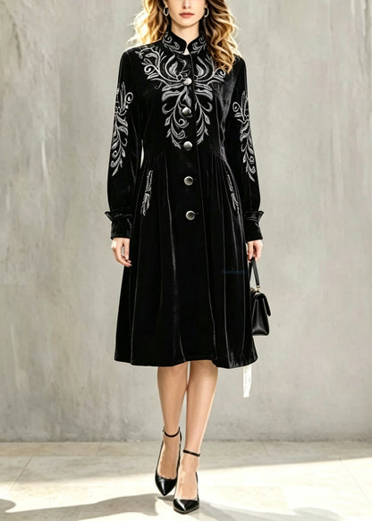 Stylish Black Stand Collar Patchwork Silk Velvet Long Trench Coat Lantern Sleeve