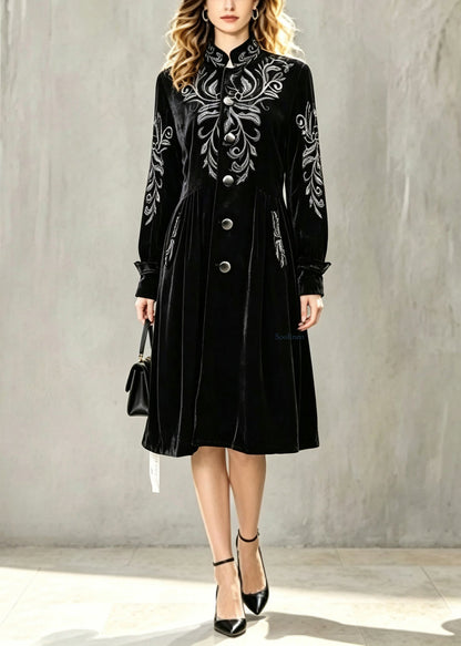 Stylish Black Stand Collar Patchwork Silk Velvet Long Trench Coat Lantern Sleeve