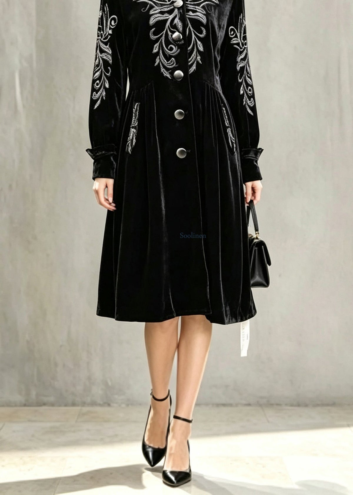 Stylish Black Stand Collar Patchwork Silk Velvet Long Trench Coat Lantern Sleeve