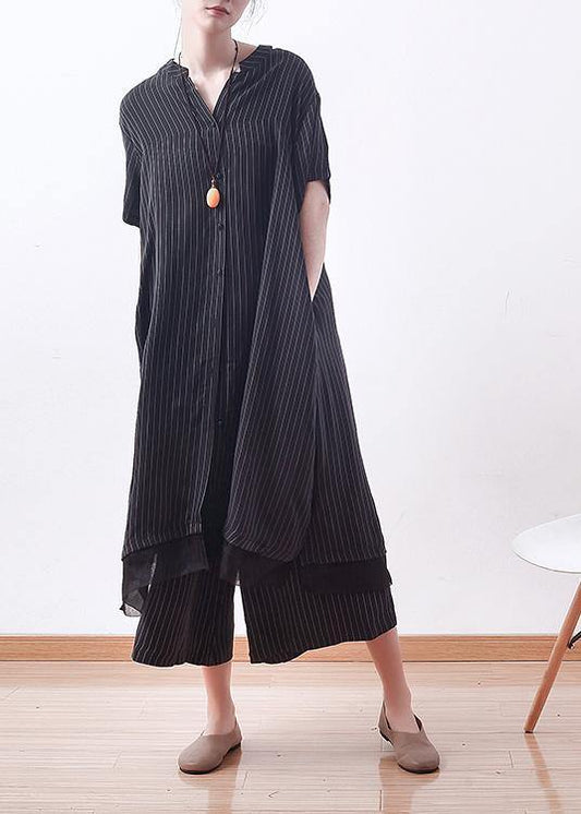 Stylish Black Striped Silk Button Summer Two Pieces Set - SooLinen