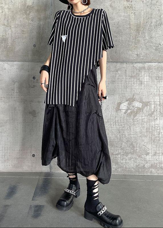 Stylish Black Striped Summer asymmetrical design Short Sleeve Tops - SooLinen