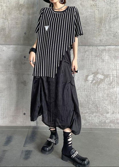 Stylish Black Striped Summer asymmetrical design Short Sleeve Tops - SooLinen