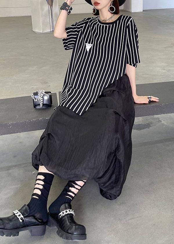 Stylish Black Striped Summer asymmetrical design Short Sleeve Tops - SooLinen