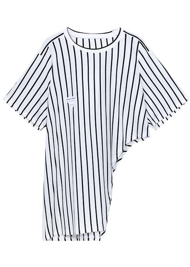 Stylish Black Striped Summer asymmetrical design Short Sleeve Tops - SooLinen