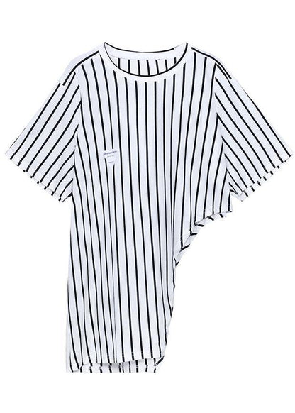 Stylish Black Striped Summer asymmetrical design Short Sleeve Tops - SooLinen
