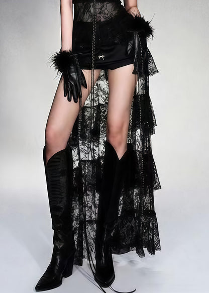 Stylish Black Tasseled Low High Design Lace Cami Dress Summer