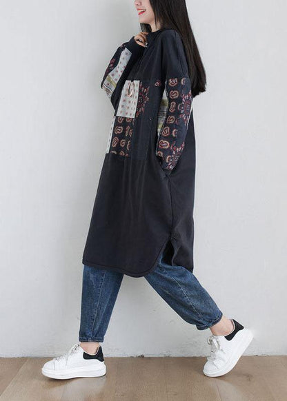 Stylish Black Turtleneck Print Loose Fall Floral Sweatshirts Dress - SooLinen