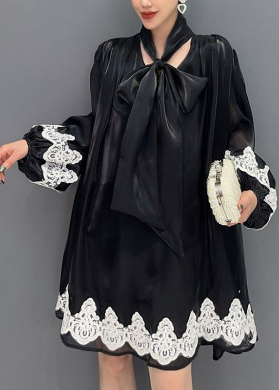 Stylish Black U Neck Print Tulle Mid Dresses Lantern Sleeve