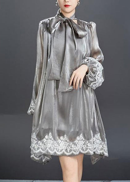 Stylish Black U Neck Print Tulle Mid Dresses Lantern Sleeve