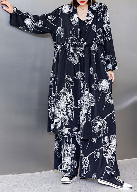Stilvolles schwarzes V-Ausschnitt-Cinched-Print-Seidenoberteile weite Beinhose Zweiteiliges Set Frühling