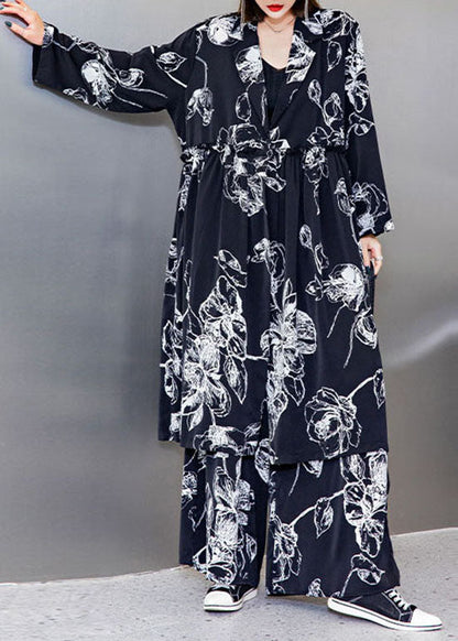 Stilvolles schwarzes V-Ausschnitt-Cinched-Print-Seidenoberteile weite Beinhose Zweiteiliges Set Frühling