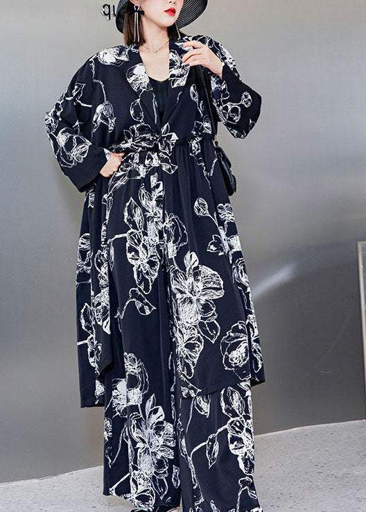 Stilvolles schwarzes V-Ausschnitt-Cinched-Print-Seidenoberteile weite Beinhose Zweiteiliges Set Frühling