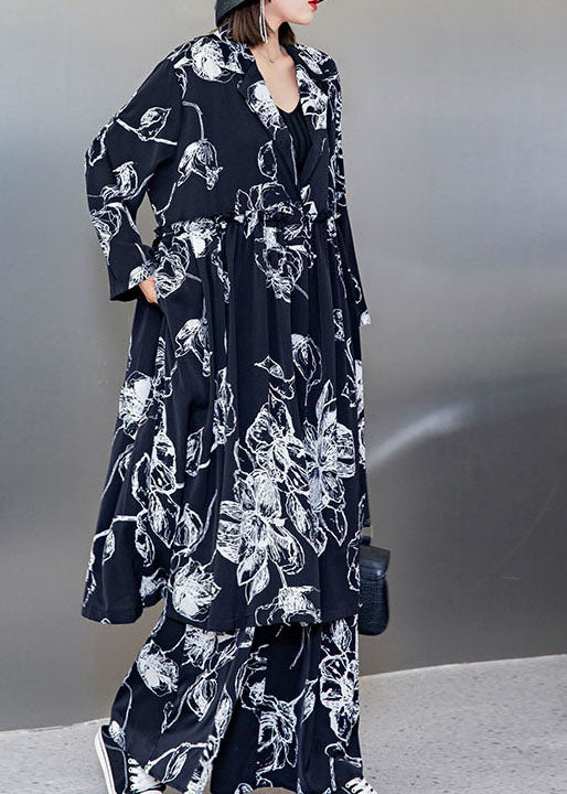 Stilvolles schwarzes V-Ausschnitt-Cinched-Print-Seidenoberteile weite Beinhose Zweiteiliges Set Frühling