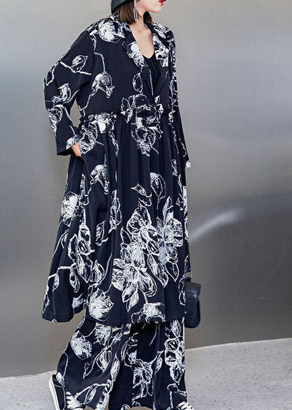 Stilvolles schwarzes V-Ausschnitt-Cinched-Print-Seidenoberteile weite Beinhose Zweiteiliges Set Frühling