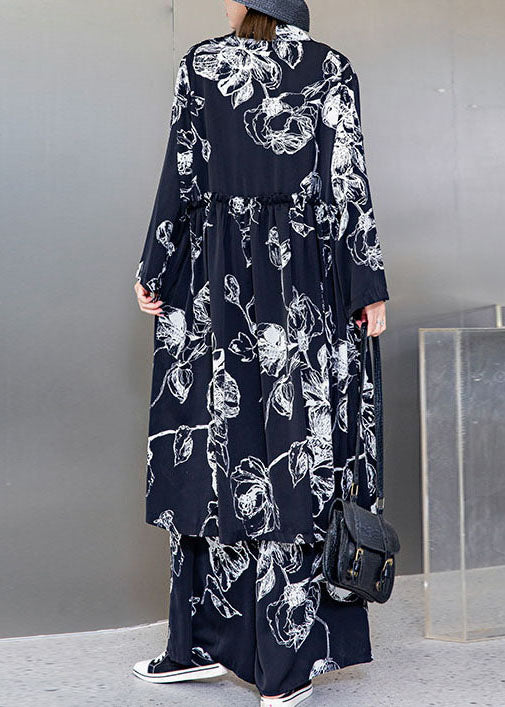 Stilvolles schwarzes V-Ausschnitt-Cinched-Print-Seidenoberteile weite Beinhose Zweiteiliges Set Frühling