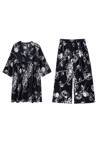 Stilvolles schwarzes V-Ausschnitt-Cinched-Print-Seidenoberteile weite Beinhose Zweiteiliges Set Frühling
