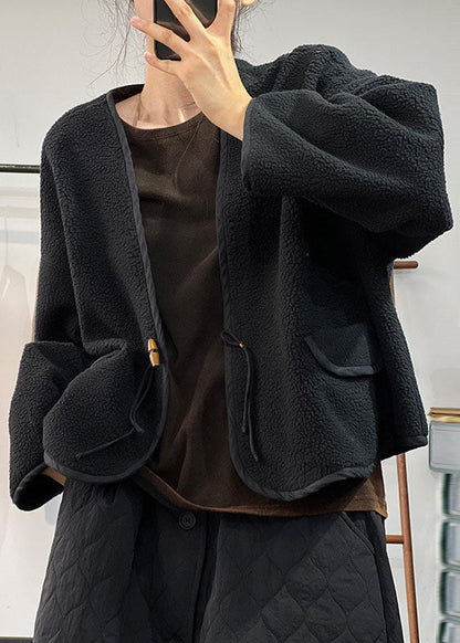 Stilvolle schwarze V-Ausschnitt Taschen Teddy Kunstpelz lose Mäntel Winter