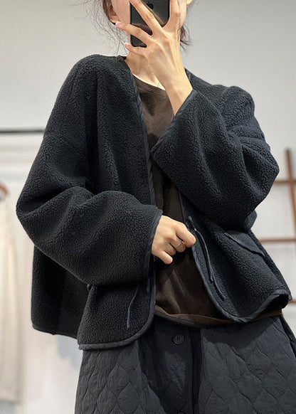 Stilvolle schwarze V-Ausschnitt Taschen Teddy Kunstpelz lose Mäntel Winter